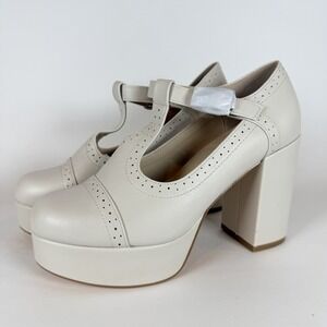 Retro Light Beige T-Strap Mary Jane Shoes | High Chunky Heel | Size 7